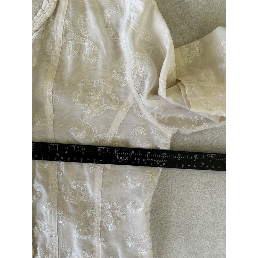 CHICOS Ivory Silk Linen Blend Open Front Jacket Embroidered Braided Lapel - Picture 12 of 13